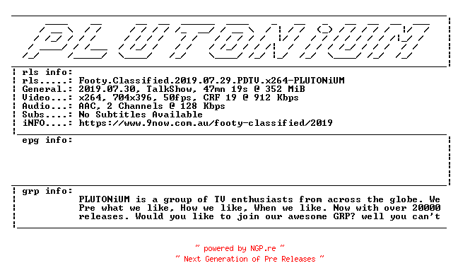 NFO for the release Footy.Classified.2019.07.29.PDTV.x264-PLUTONiUM by PLUTONiUM