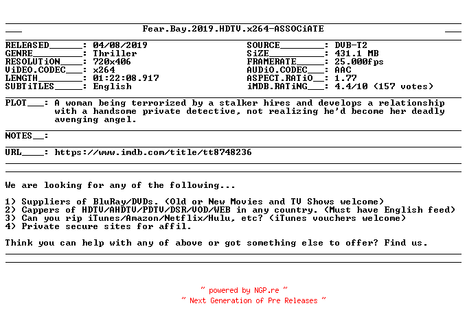 NFO for the release Fear.Bay.2019.HDTV.x264-ASSOCiATE by ASSOCiATE