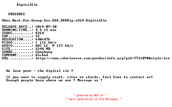 NFO for the release Whos.Next.For.Group.Sex.XXX.DVDRip.x264-DigitalSin by DigitalSin