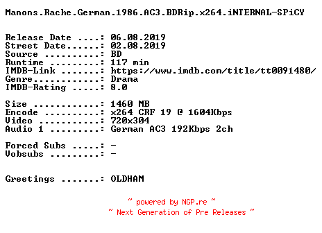 NFO for the release Manons.Rache.German.1986.AC3.BDRip.x264.iNTERNAL-SPiCY by SPiCY