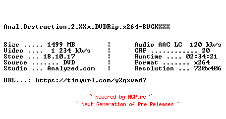 NFO for the release Anal.Destruction.2.XXX.DVDRip.x264-SUCKXXX by SUCKXXX