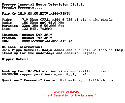 NFO for the release Fair.Go.2019.08.05.HDTV.x264-FiHTV by FiHTV