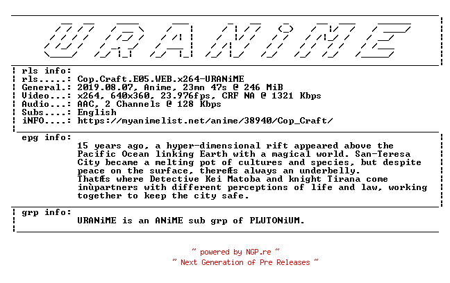 NFO for the release Cop.Craft.E05.WEB.x264-URANiME by URANiME