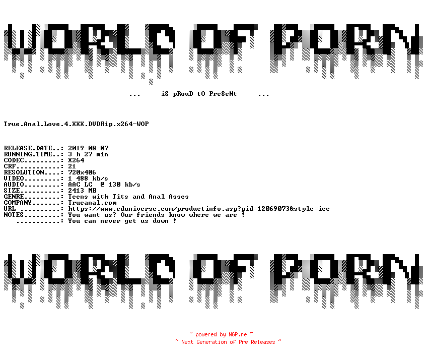 NFO for the release True.Anal.Love.4.XXX.DVDRip.x264-WOP by WOP