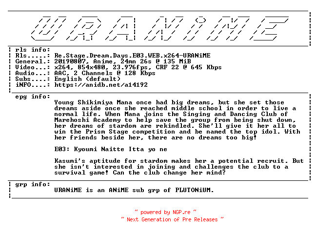 NFO for the release Re.Stage.Dream.Days.E03.WEB.x264-URANiME by URANiME