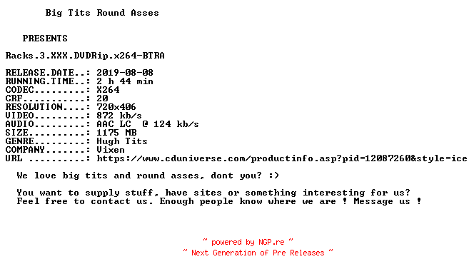 NFO for the release Racks.3.XXX.DVDRip.x264-BTRA by BTRA