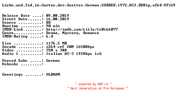 NFO for the release Liebe.und.Tod.im.Garten.der.Goetter.German.SUBBED.1972.AC3.BDRip.x264-SPiCY by SPiCY