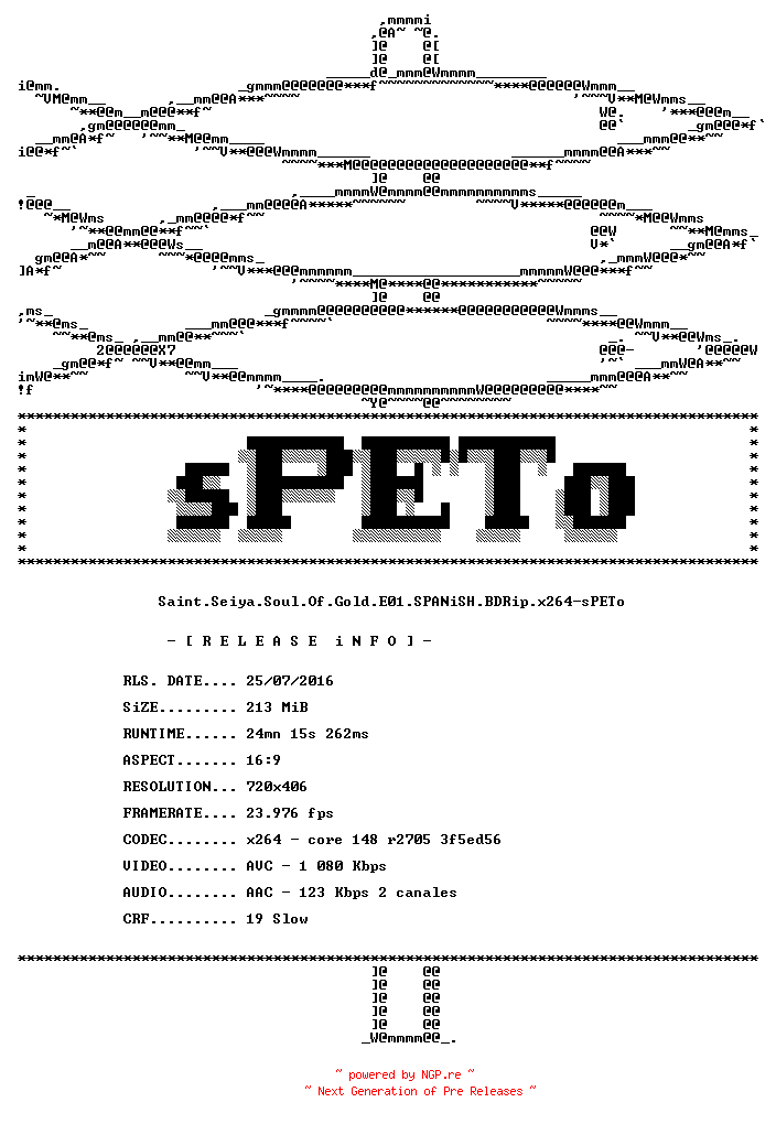 NFO for the release Saint.Seiya.Soul.Of.Gold.E01.SPANiSH.BDRip.x264-sPETo by sPETo