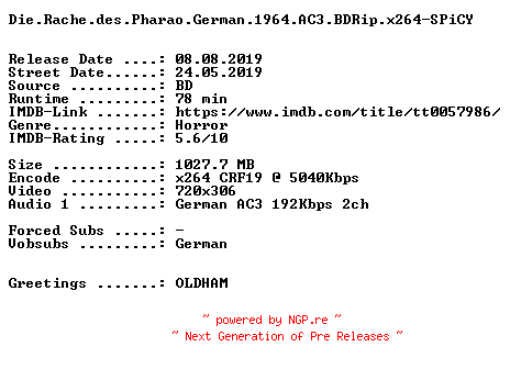 NFO for the release Die.Rache.des.Pharao.German.1964.AC3.BDRip.x264-SPiCY by SPiCY