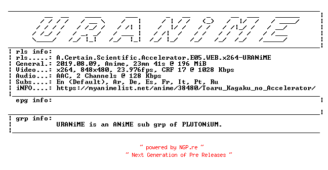 NFO for the release A.Certain.Scientific.Accelerator.E05.WEB.x264-URANiME by URANiME