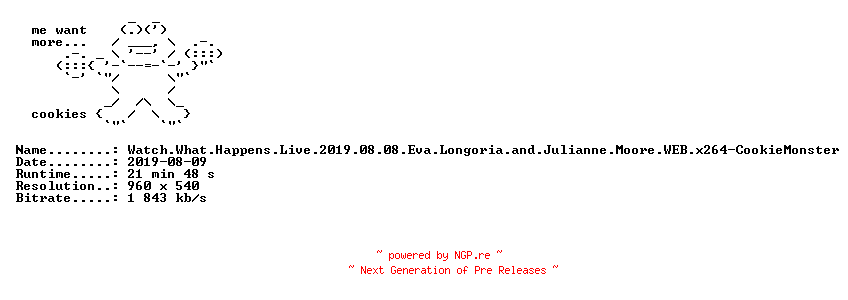NFO for the release Watch.What.Happens.Live.2019.08.08.Eva.Longoria.and.Julianne.Moore.WEB.x264-CookieMonster by CookieMonster