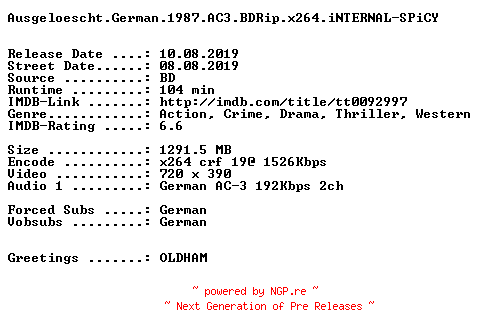 NFO for the release Ausgeloescht.German.1987.AC3.BDRip.x264.iNTERNAL-SPiCY by SPiCY