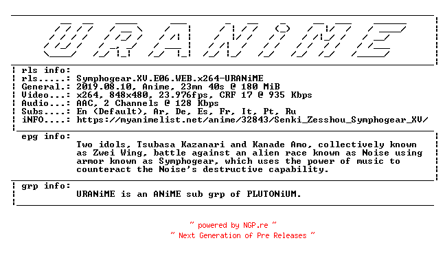 NFO for the release Symphogear.XV.E06.WEB.x264-URANiME by URANiME