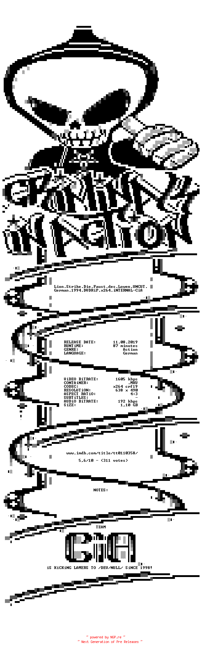 NFO for the release Lion.Strike.Die.Faust.des.Lowen.UNCUT.German.1994.DVDRiP.x264.iNTERNAL-CiA by CiA