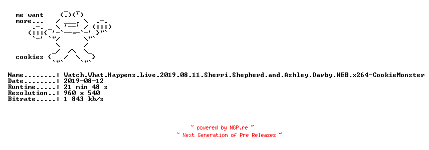 NFO for the release Watch.What.Happens.Live.2019.08.11.Sherri.Shepherd.and.Ashley.Darby.WEB.x264-CookieMonster by CookieMonster