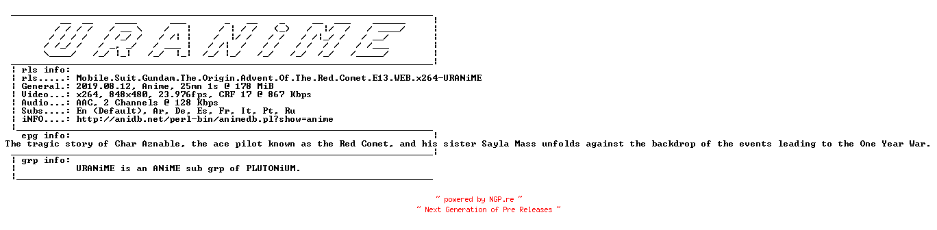 NFO for the release Mobile.Suit.Gundam.The.Origin.Advent.Of.The.Red.Comet.E13.WEB.x264-URANiME by URANiME