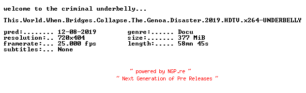 NFO for the release This.World.When.Bridges.Collapse.The.Genoa.Disaster.2019.HDTV.x264-UNDERBELLY by UNDERBELLY