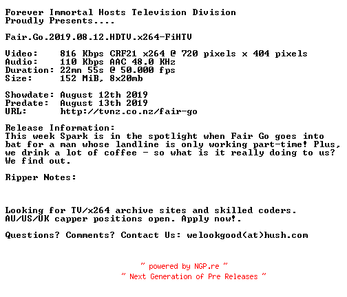 NFO for the release Fair.Go.2019.08.12.HDTV.x264-FiHTV by FiHTV