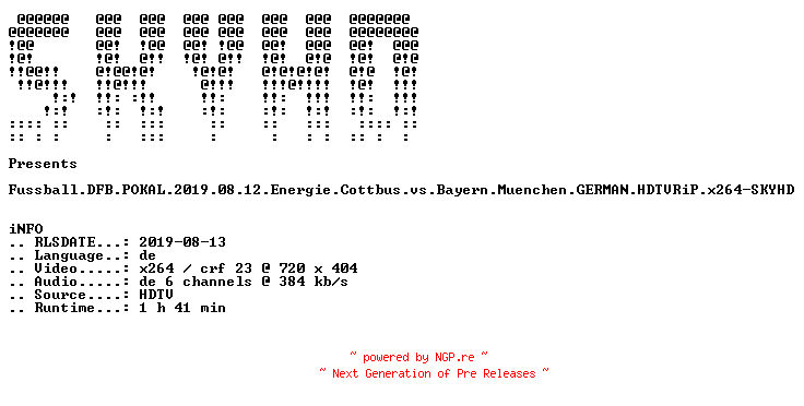 NFO for the release Fussball.DFB.POKAL.2019.08.12.Energie.Cottbus.vs.Bayern.Muenchen.GERMAN.HDTVRiP.x264-SKYHD by SKYHD