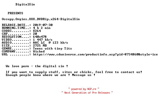 NFO for the release Occupy.Orgies.XXX.DVDRip.x264-DigitalSin by DigitalSin