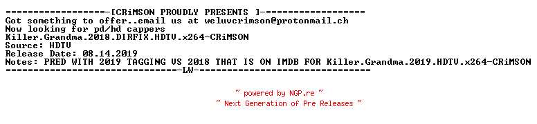 NFO for the release Killer.Grandma.2018.DIRFIX.HDTV.x264-CRiMSON by CRiMSON