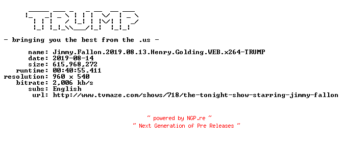 NFO for the release Jimmy.Fallon.2019.08.13.Henry.Golding.WEB.x264-TRUMP by TRUMP