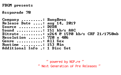 NFO for the release Bang.Bros.Assparade.70.XXX.DVDRip.x264-FBGM by FBGM