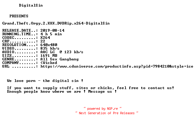 NFO for the release Grand.Theft.Orgy.2.XXX.DVDRip.x264-DigitalSin by DigitalSin