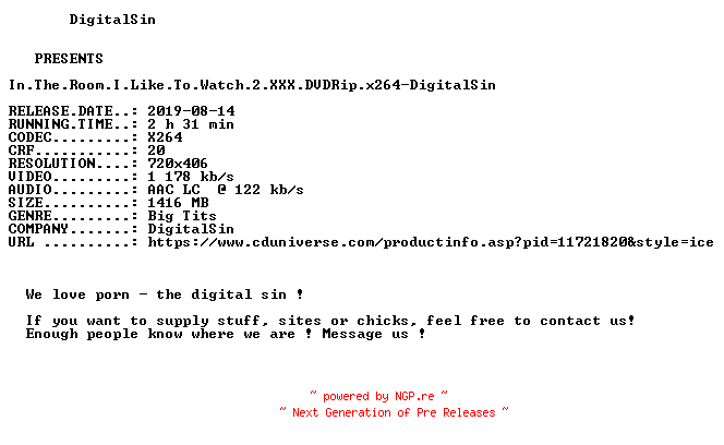 NFO for the release In.The.Room.I.Like.To.Watch.2.XXX.DVDRip.x264-DigitalSin by DigitalSin