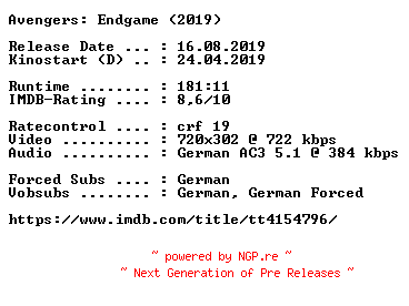 NFO for the release Avengers.Endgame.German.2019.AC3.BDRip.x264-COiNCiDENCE by COiNCiDENCE