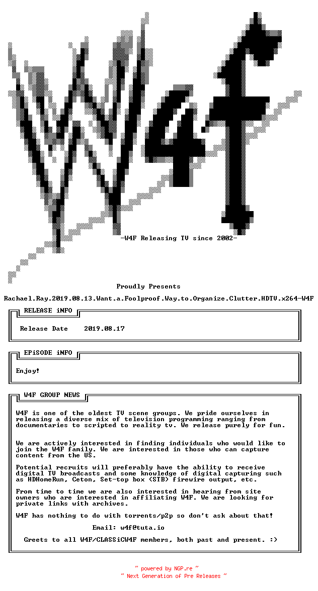 NFO for the release Rachael.Ray.2019.08.13.Want.a.Foolproof.Way.to.Organize.Clutter.HDTV.x264-W4F by W4F