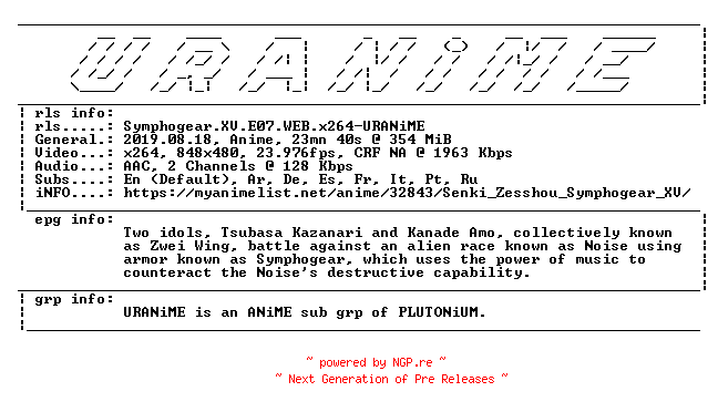 NFO for the release Symphogear.XV.E07.WEB.x264-URANiME by URANiME
