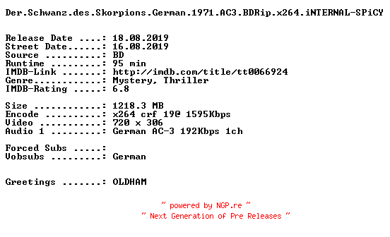 NFO for the release Der.Schwanz.des.Skorpions.German.1971.AC3.BDRip.x264.iNTERNAL-SPiCY by SPiCY
