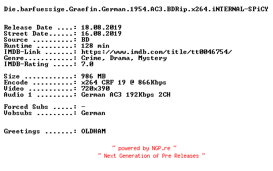 NFO for the release Die.barfuessige.Graefin.German.1954.AC3.BDRip.x264.iNTERNAL-SPiCY by SPiCY