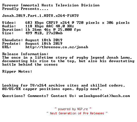 NFO for the release Jonah.2019.Part.1.HDTV.x264-FiHTV by FiHTV