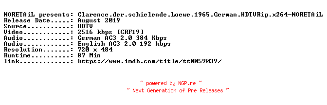 NFO for the release Clarence.der.schielende.Loewe.1965.German.HDTVRip.x264-NORETAiL by NORETAiL