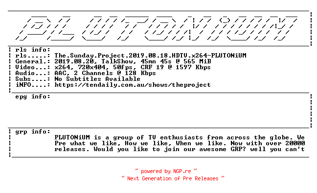 NFO for the release The.Sunday.Project.2019.08.18.HDTV.x264-PLUTONiUM by PLUTONiUM