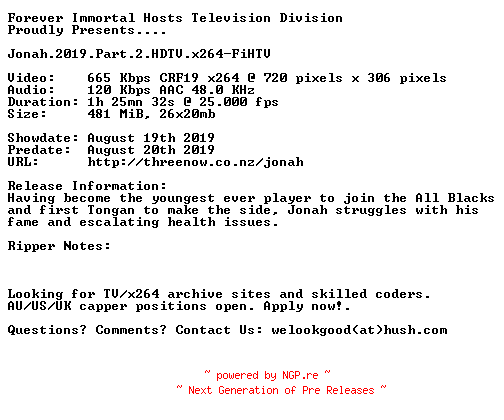 NFO for the release Jonah.2019.Part.2.HDTV.x264-FiHTV by FiHTV