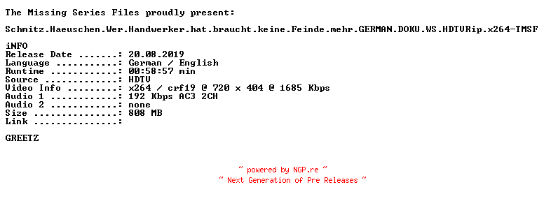 NFO for the release Schmitz.Haeuschen.Wer.Handwerker.hat.braucht.keine.Feinde.mehr.GERMAN.WS.HDTVRip.x264-TMSF by TMSF