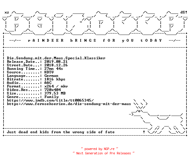 NFO for the release Die.Sendung.mit.der.Maus.Special.Klassiker.German.HDTV.x264-RAiNDEER by RAiNDEER