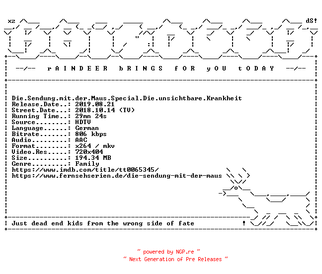 NFO for the release Die.Sendung.mit.der.Maus.Special.Die.unsichtbare.Krankheit.German.HDTV.x264-RAiNDEER by RAiNDEER