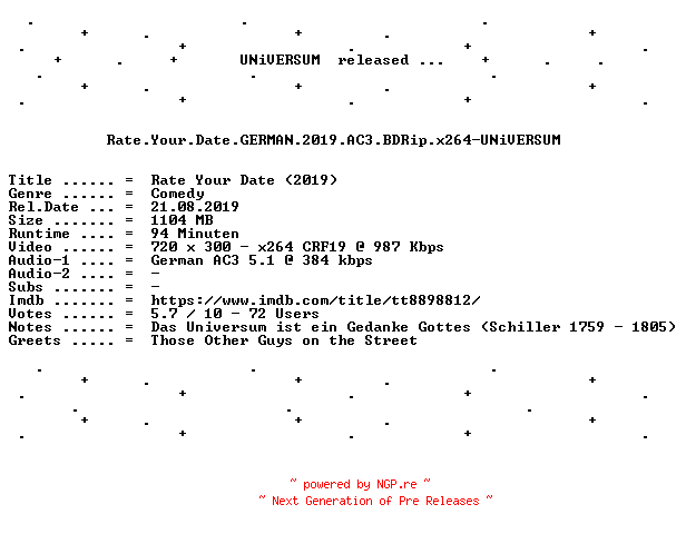 NFO for the release Rate.Your.Date.GERMAN.2019.AC3.BDRip.x264-UNiVERSUM by UNiVERSUM