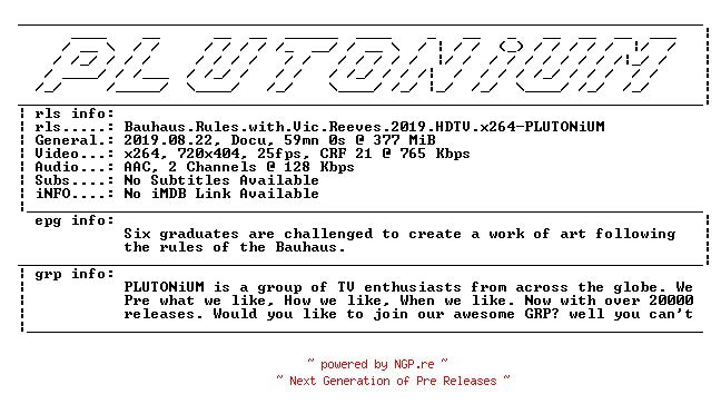 NFO for the release Bauhaus.Rules.with.Vic.Reeves.2019.HDTV.x264-PLUTONiUM by PLUTONiUM