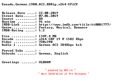 NFO for the release Xanadu.German.1980.AC3.BDRip.x264-SPiCY by SPiCY
