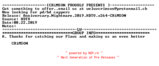 NFO for the release Anniversary.Nightmare.2019.HDTV.x264-CRiMSON by CRiMSON