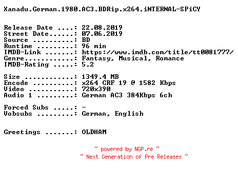 NFO for the release Xanadu.German.1980.AC3.BDRip.x264.DiRFiX.iNTERNAL-SPiCY by SPiCY