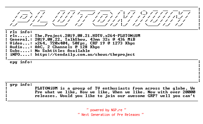 NFO for the release The.Project.2019.08.21.HDTV.x264-PLUTONiUM by PLUTONiUM