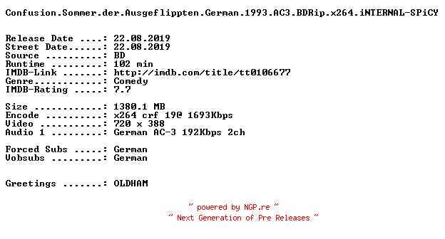 NFO for the release Confusion.Sommer.der.Ausgeflippten.German.1993.AC3.BDRip.x264.iNTERNAL-SPiCY by SPiCY