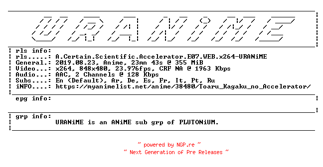 NFO for the release A.Certain.Scientific.Accelerator.E07.WEB.x264-URANiME by URANiME