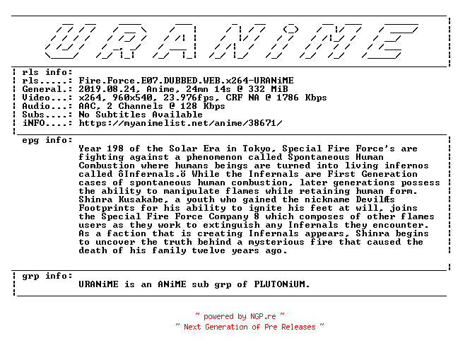 NFO for the release Fire.Force.E07.DUBBED.WEB.x264-URANiME by URANiME